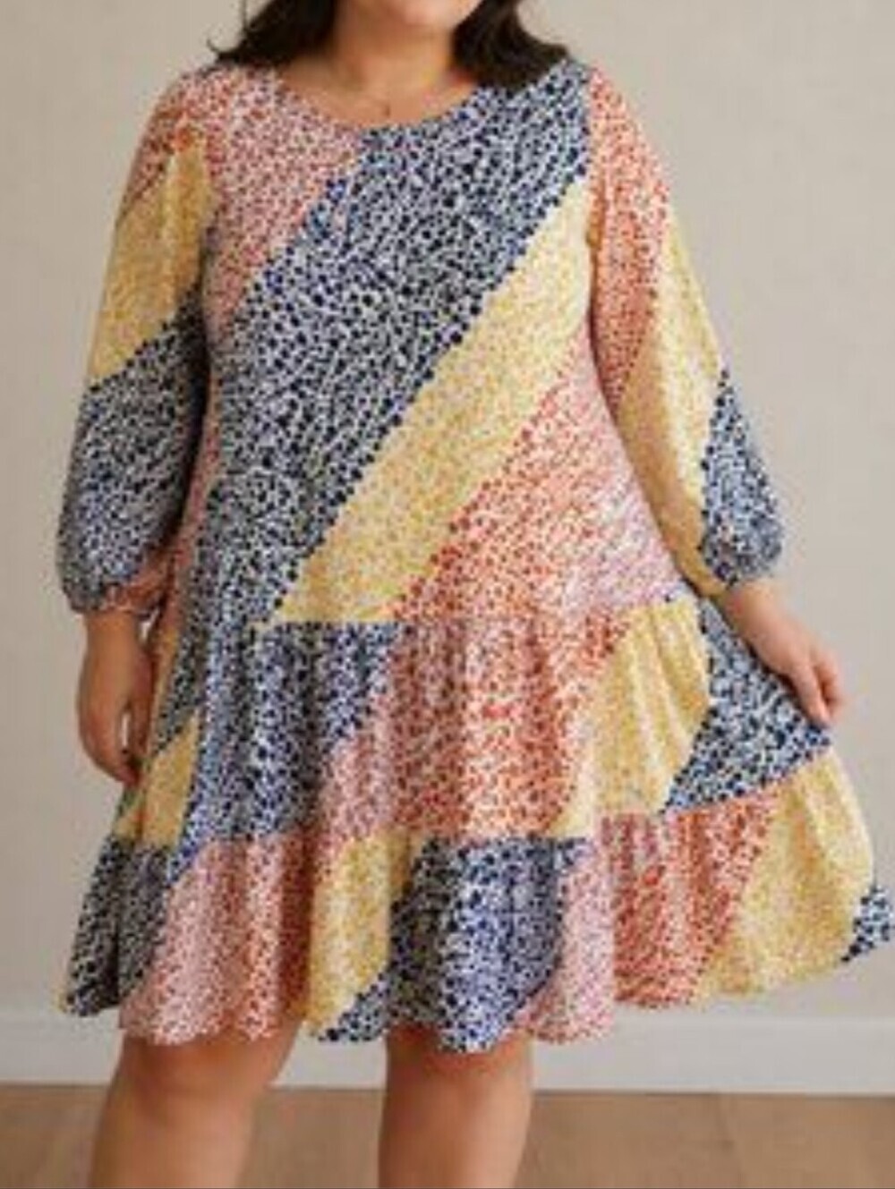 ELOQUII ELEMENTS Plus Size Patchwork Tiered Dress - Blue, Green, Yellow Size 22